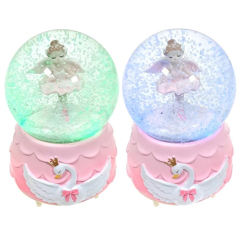 Carillon Musicale con Sfera di Vetro e Ballerina Rosa con Base Cigno