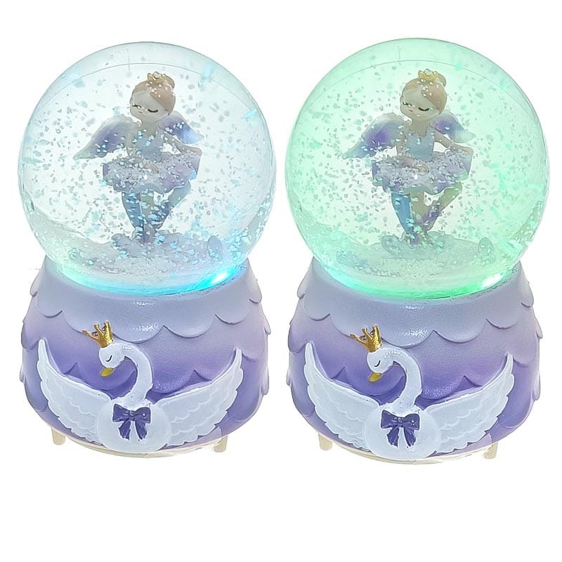Carillon Musicale con Sfera di Vetro e Ballerina Viola con Base Cigno